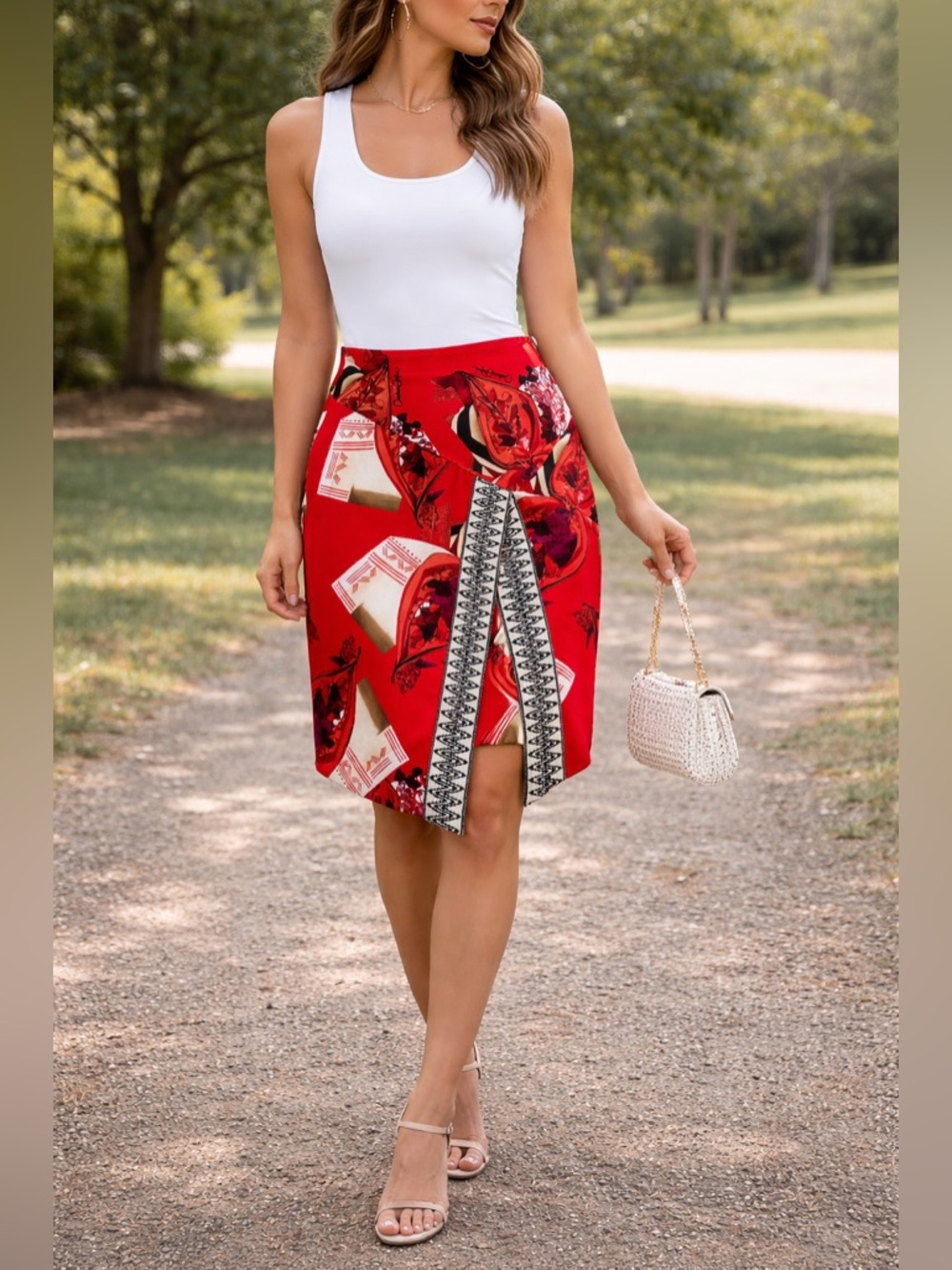 (K2) Carolina Estefan Red printed midi skirt, size L